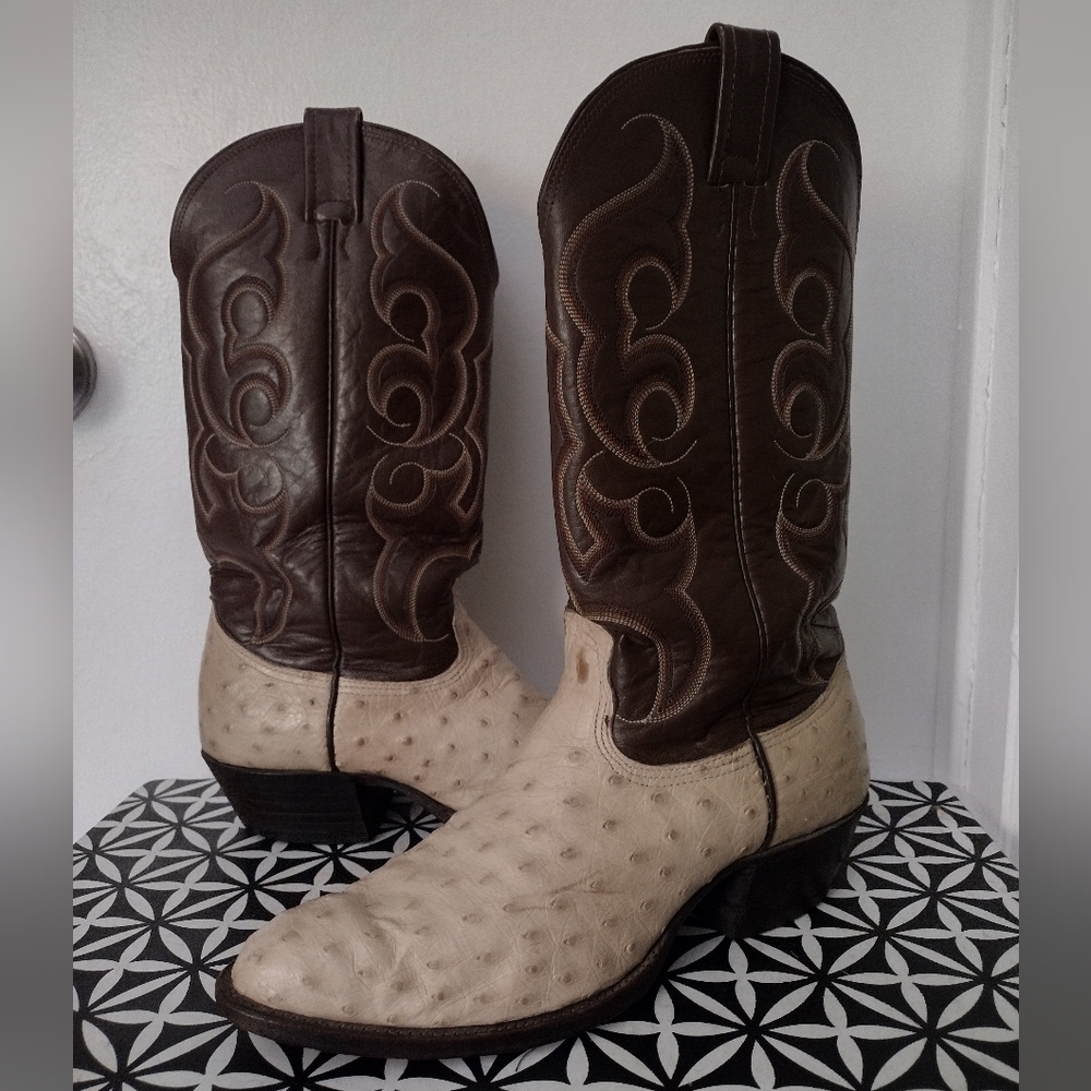Nocona Creme & Brown Full Quill Ostrich Boots
